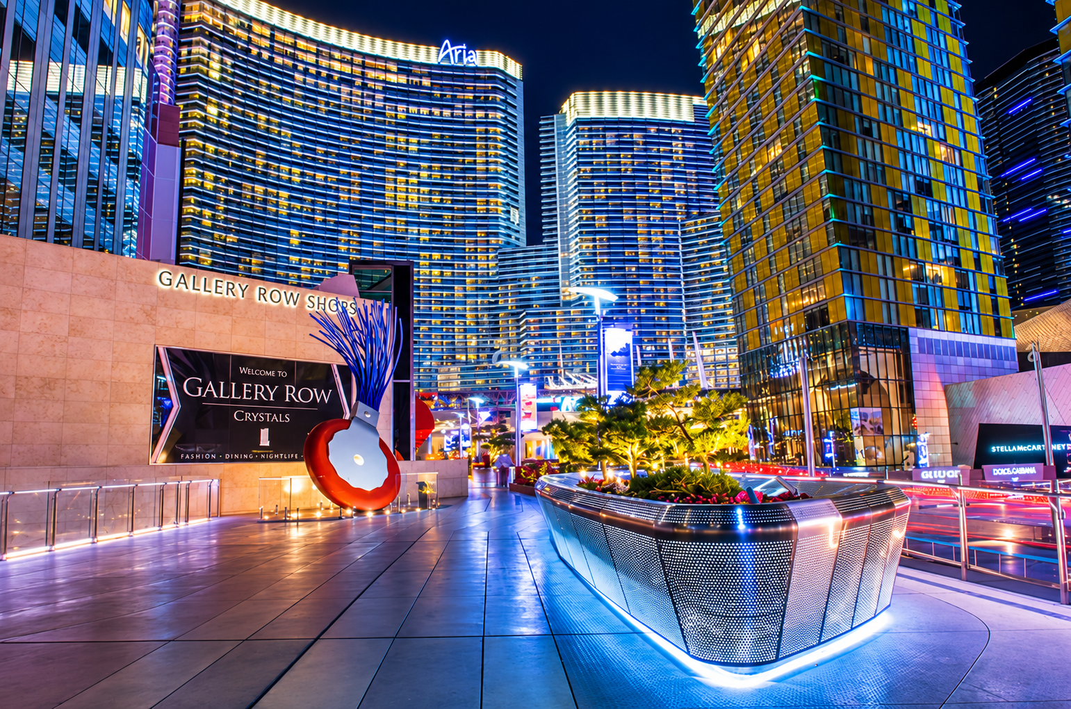 CityCenter Las Vegas at night with Aria, Veer Towers and the Shops at Crystals