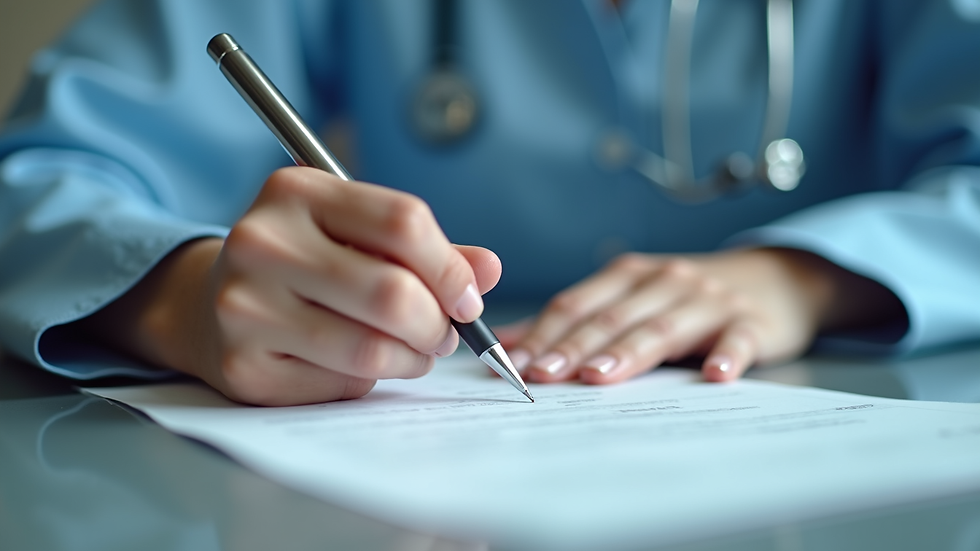 Close-up view of a nurse filling out a license application form