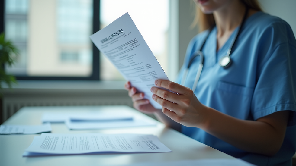 Close-up view of a healthcare professional reviewing licensing paperwork