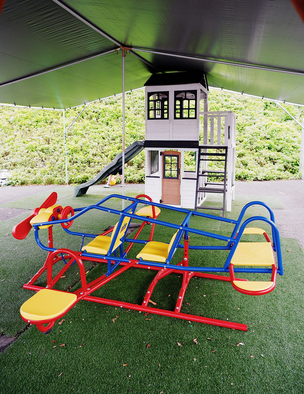 Playground with airplane ride and a small house on a green surface.