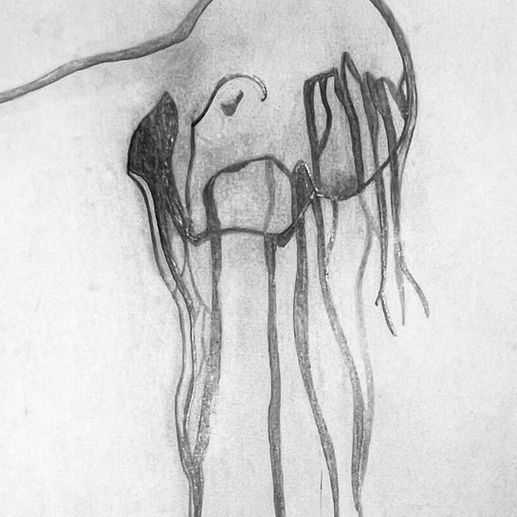 An abstract pencil drawing of a melting man with elongated drips on a textured gray background. Surreal, monochromatic design.