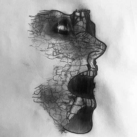   A grayscale drawing of a cracked, abstract man. Textured lines create a fragmented, dramatic expression. Making whomever empathize with the figure.
