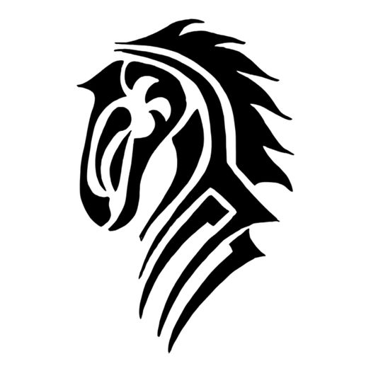 Stylized black horse head design with flowing mane on white background, featuring bold, curved lines and geometric patterns.