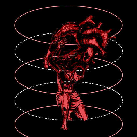 A man lifts a large red heart, surrounded by pink and white rings. This abstract image symbolizes, to be the change you want to see.