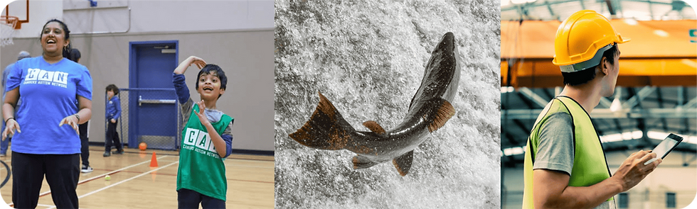 An collage of three photos, on left a young boy taking happily taking part in sports, in the middle a salmon jumping out of water, on the right a man wearing a hardhat