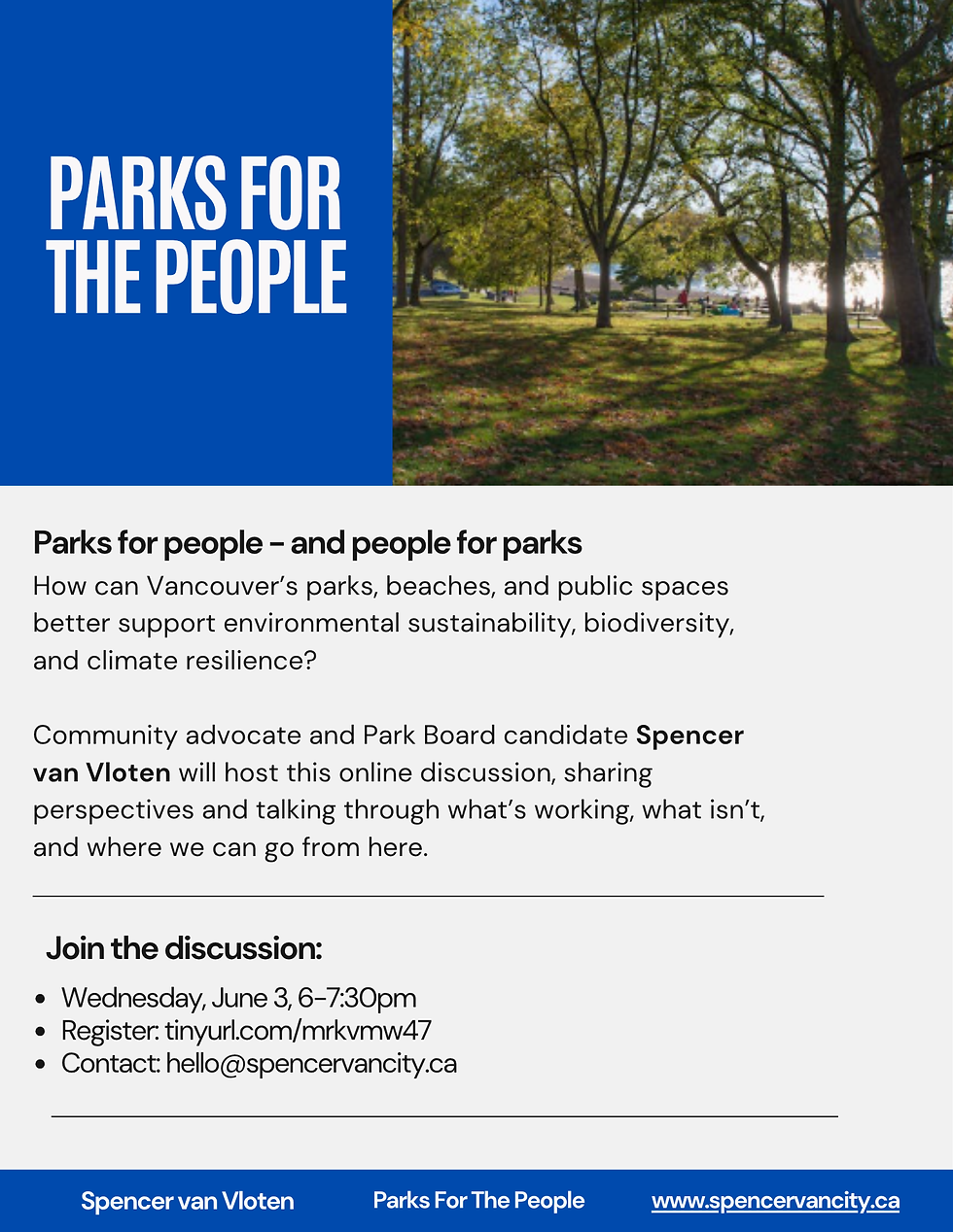 How can Vancouver's parks, beaches, and other recreation spaces better support environmental sustainability, biodiversity, as well as climate resilience and education? Join environmentally minded community members for this discussion.