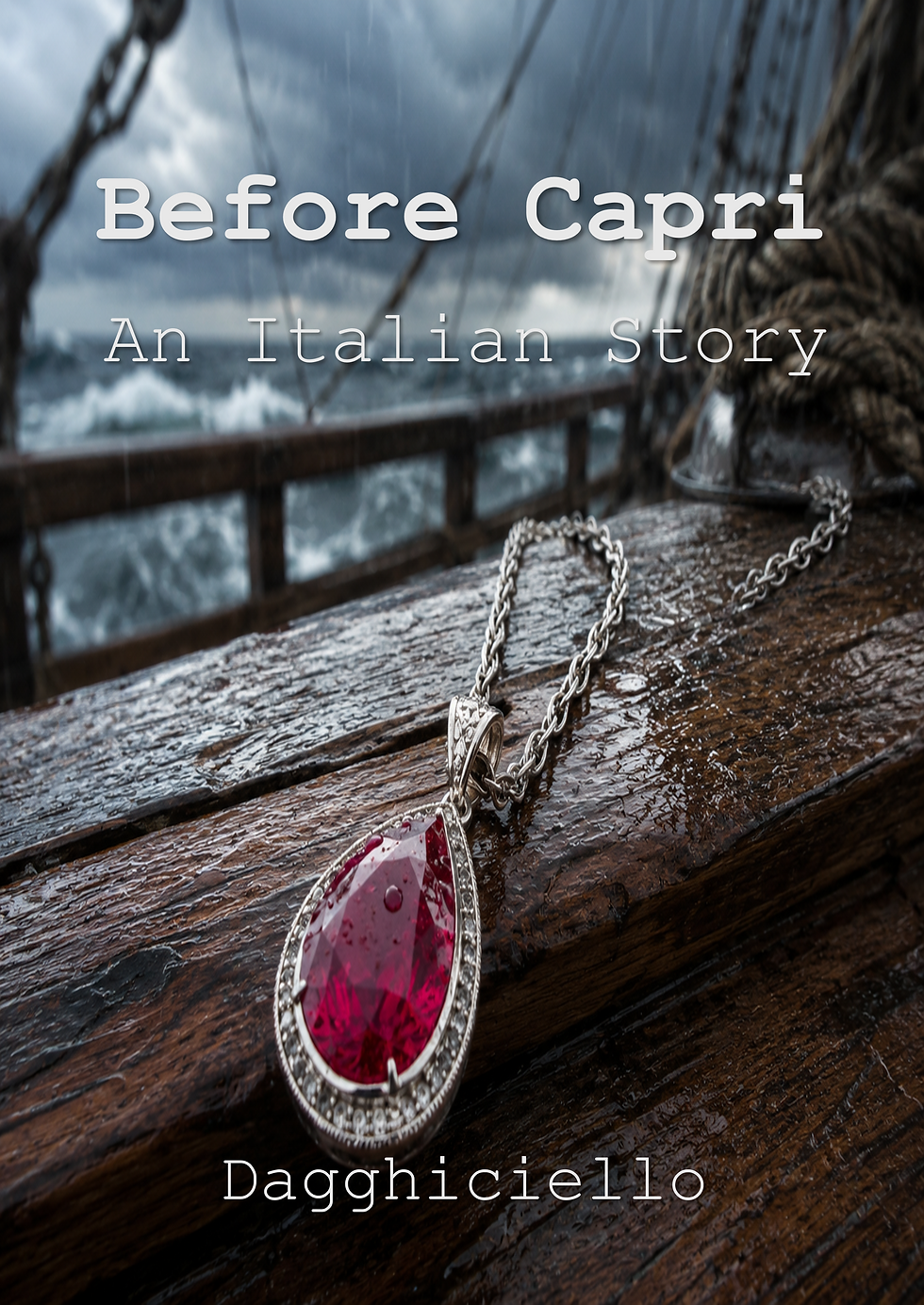 Before Capri, An Italian Story book cover featuring a silver necklace with teardrop ruby pendant on a ship's deck in story seas.