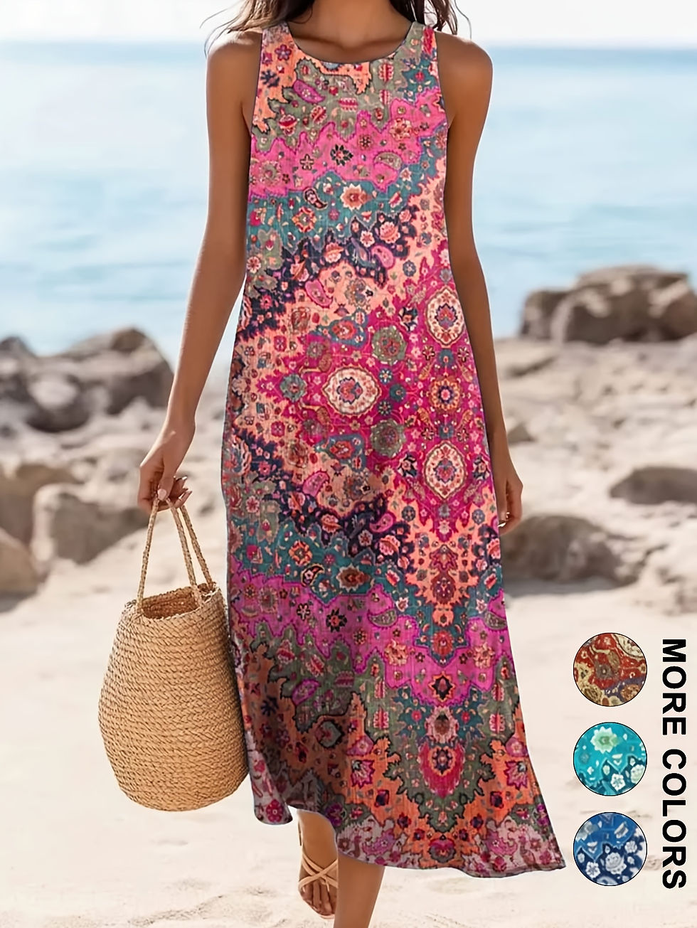 Miniatura: 2026 Women's sleeveless Bohemian floral casual beach MIDI sundress with pockets 