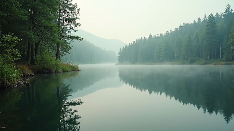 Eye-level view of a serene nature scene with a calm lake