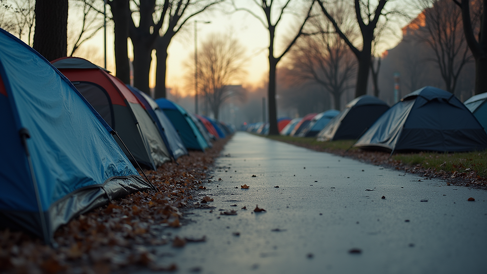 Eye-level view of a homeless camp near a city park