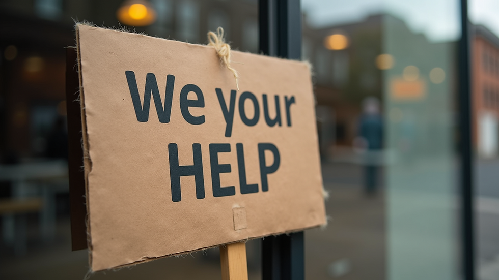 Close-up view of a cardboard sign asking for help