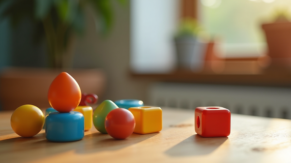 Eye-level view of a colorful sensory toy set on a wooden table