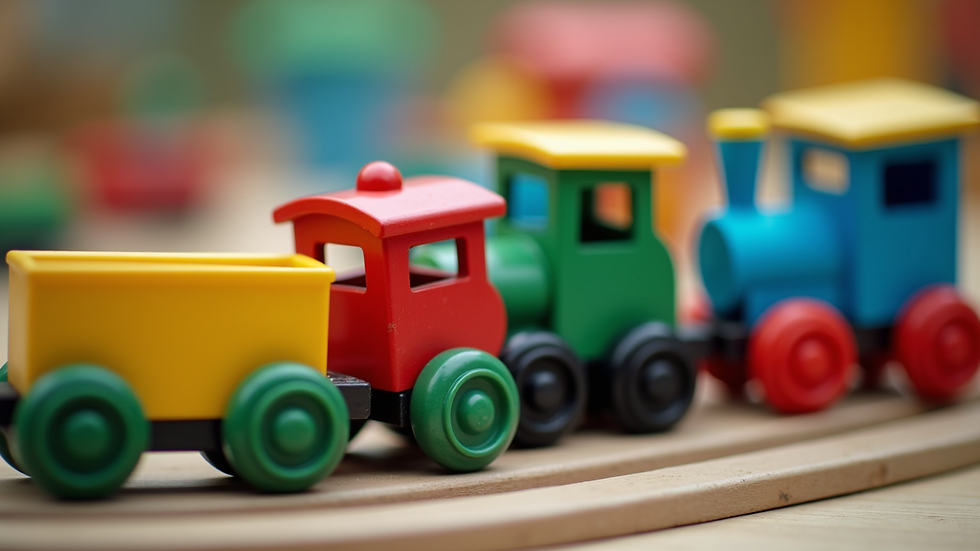 Close-up view of colorful train set arranged for play