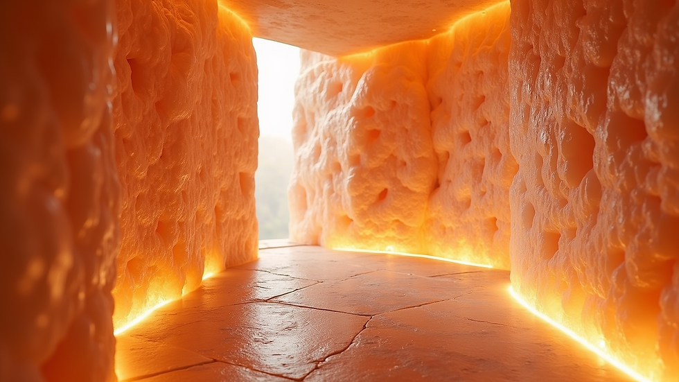 Eye-level view of a Himalayan salt room with salt-covered walls and soft lighting