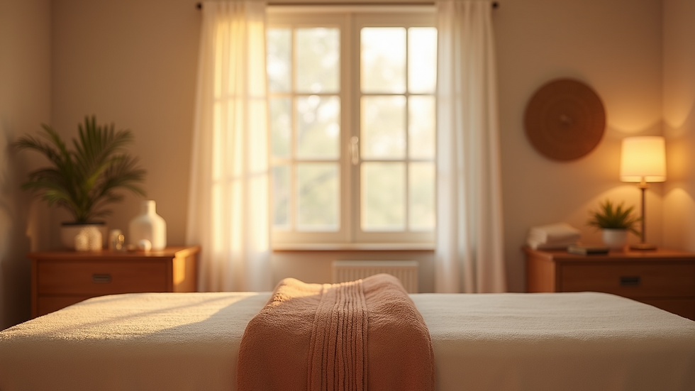Eye-level view of a serene massage therapy room with calming decor