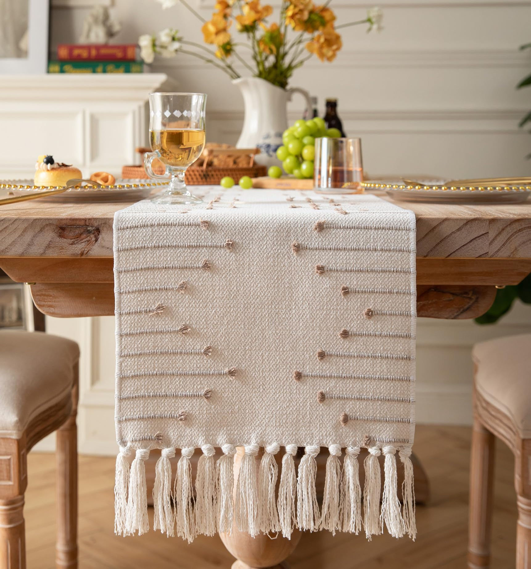 Boho Cotton Table Runner with Tassels – Woven Geometric Dining Table Decor