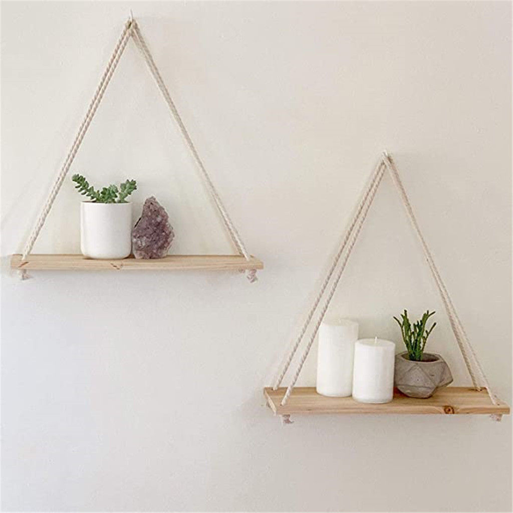 Wooden Rope Floating Wall Shelf — Boho Rustic Hanging Décor