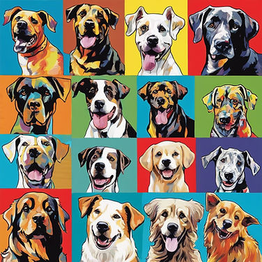 Big dogs, little dogs, puppies, senior dogs, happy dogs, dogs with wagging tails, dogs pla