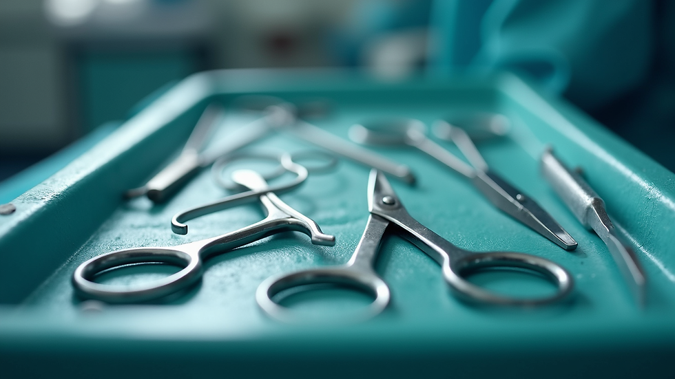 Eye-level view of surgical instruments on a sterile tray