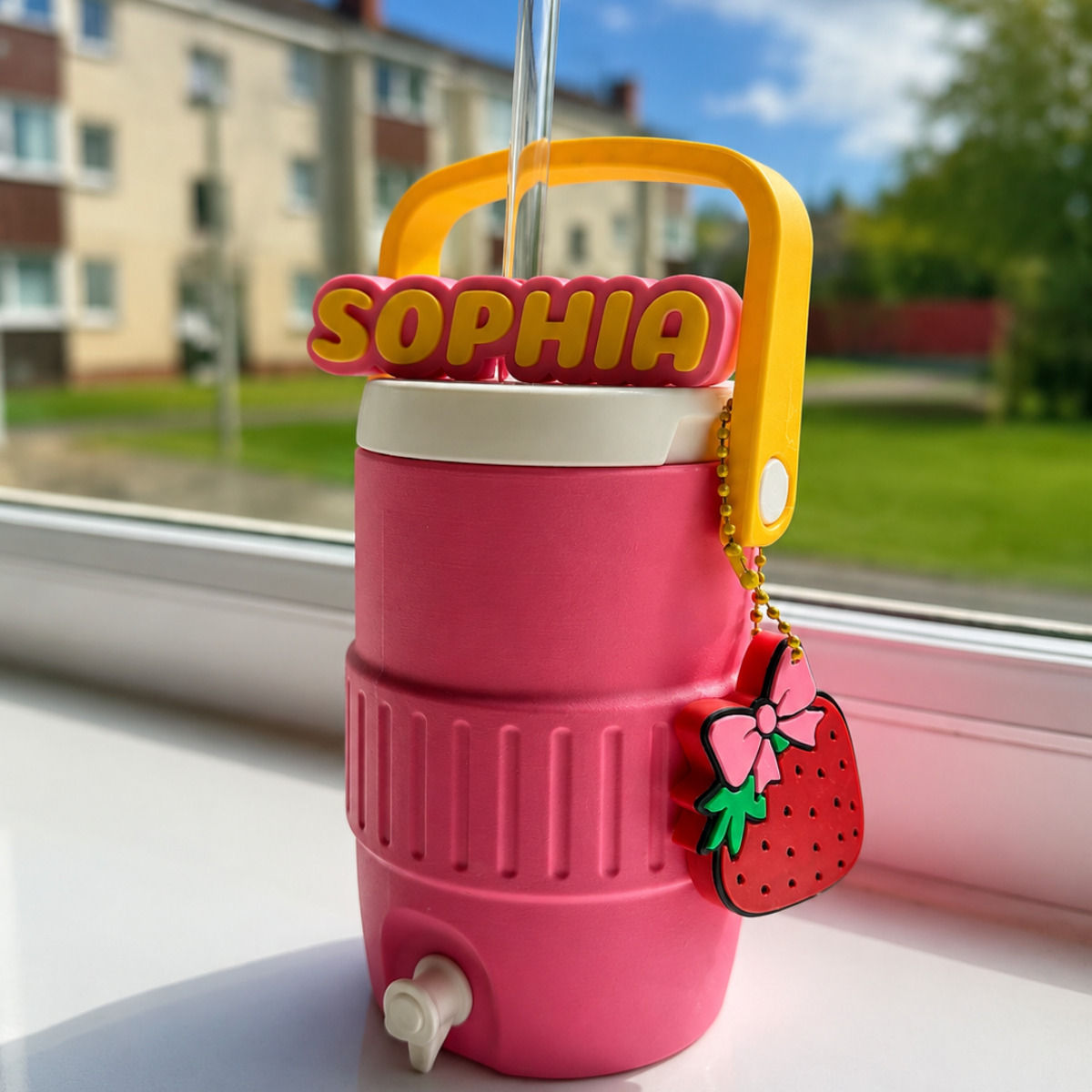 Soda Can Cooler with Custom Straw Topper and Can Opener