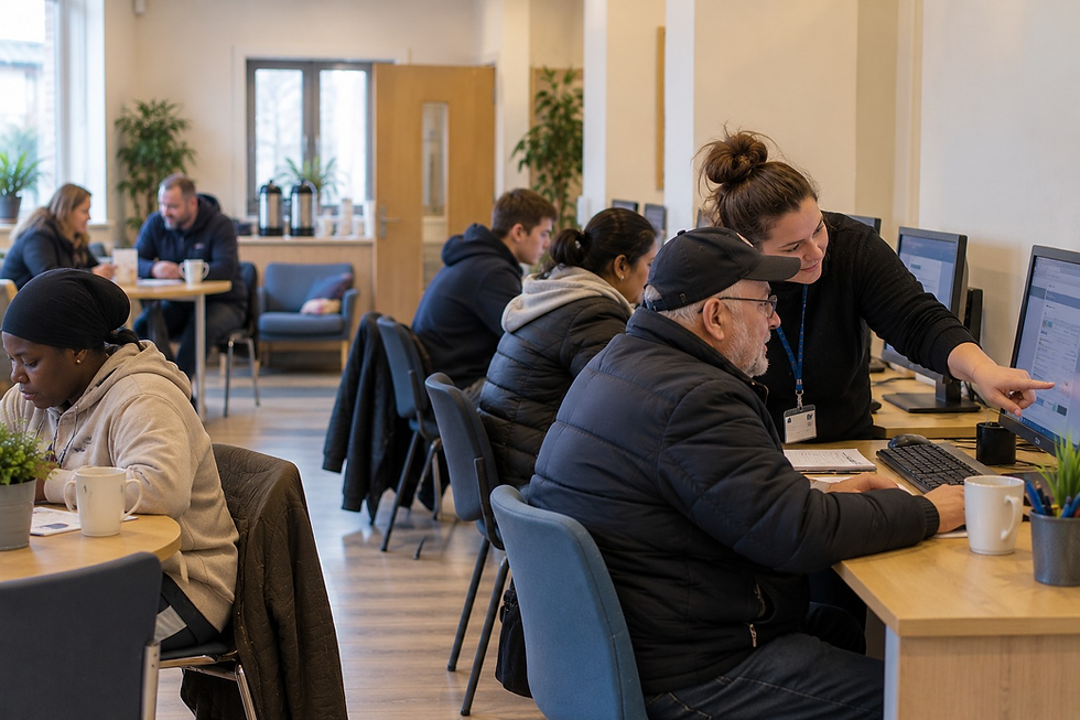 Digital access room with people of different ages using computers and getting one-to-one support, warm community space, landscape.