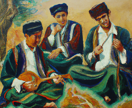 A painting of folk musicians in Afghanistan.