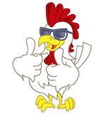 Cool chicken thumbs up with sunglasses, ゆめ屋キッチン logo, and white background.