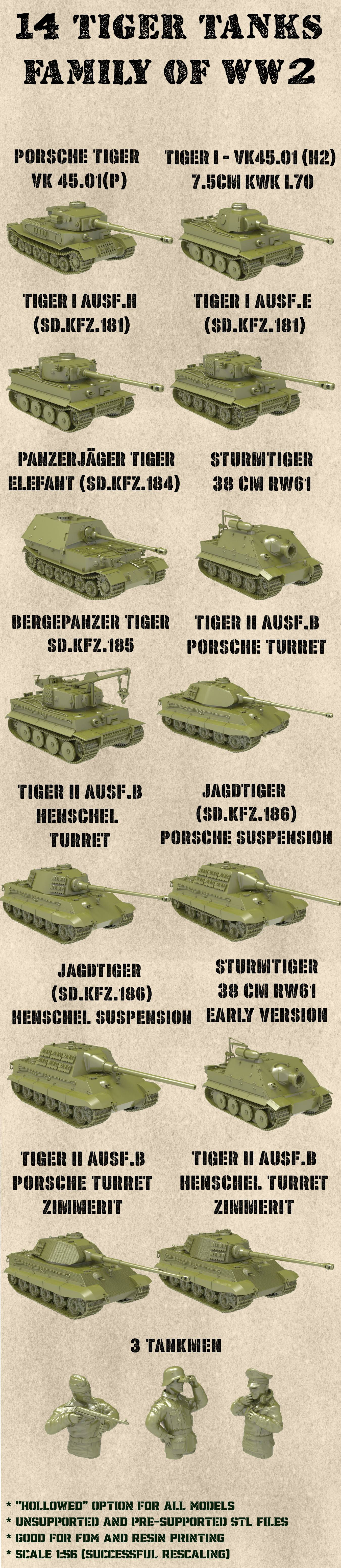 14 TIGER Family Tanks of WW2 + 3 Tankmen - PERSONAL USE