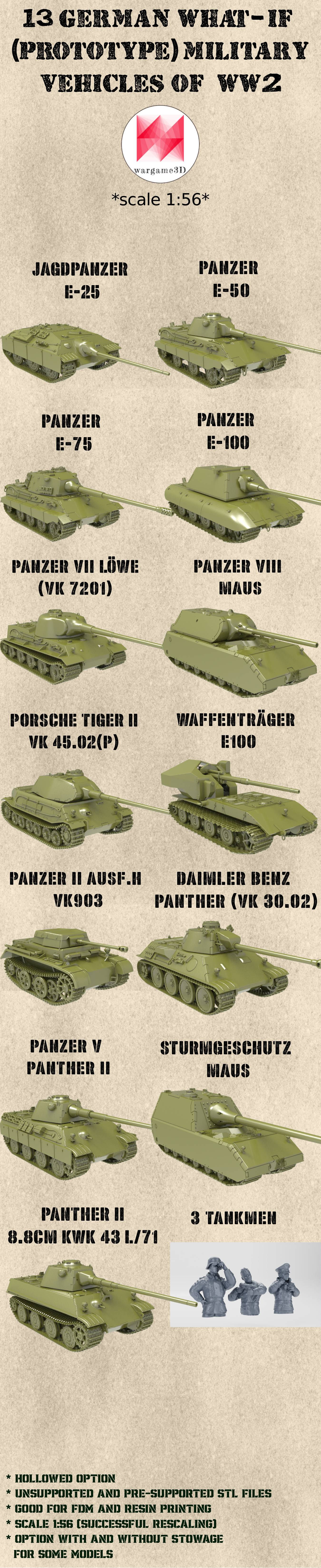 13 німецьких прототипів (гіпотетичних) транспортних засобів часів Другої світової війни (масштаб 1:56) — для особистого користування