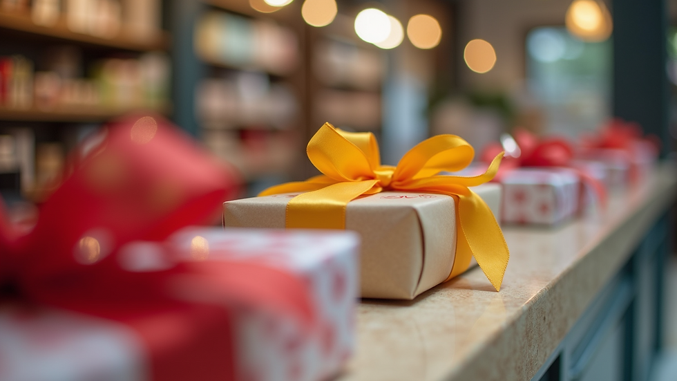 Close-up view of a gift store counter with beautifully wrapped presents and colorful ribbons