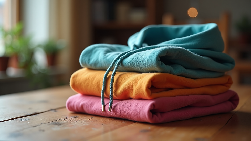 Close-up view of a folded colorful hooded sweatshirt on a wooden table