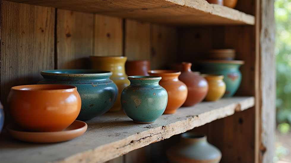 Eye-level view of a rustic wooden shelf filled with colorful handmade pottery