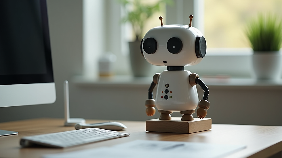 Eye-level view of a quirky desk organizer shaped like a robot