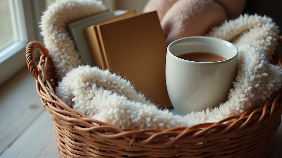 Eye-level view of a cozy gift basket with a blanket, mug, and book