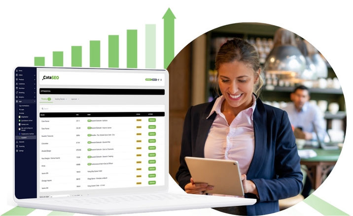 Illustration of the CataSEO dashboard juxtaposed with a user on a tablet