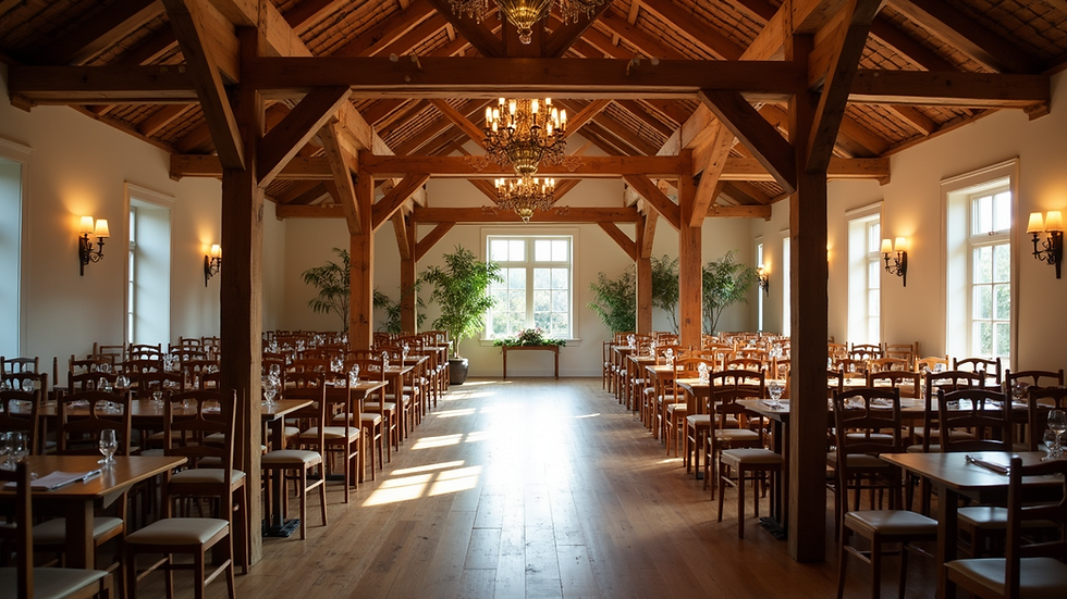 Eye-level view of a charming rustic wedding venue with wooden beams and soft lighting