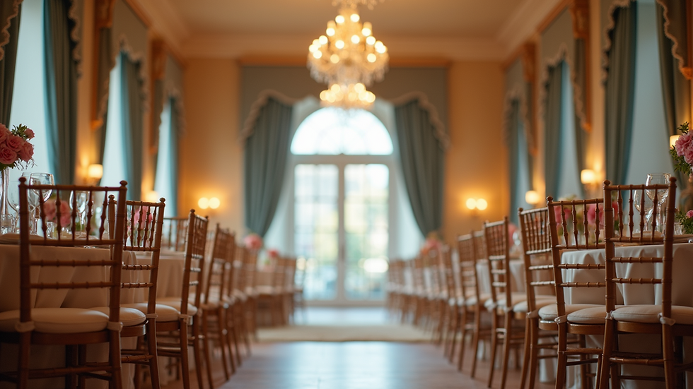 Eye-level view of elegant wedding venue with decorated tables and chairs