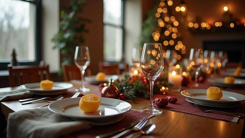 Eye-level view of a cozy holiday-themed dining table
