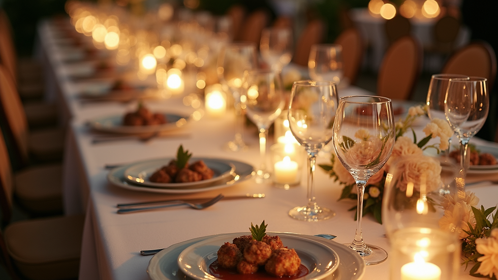 High angle view of elegant wedding reception table with plated meals