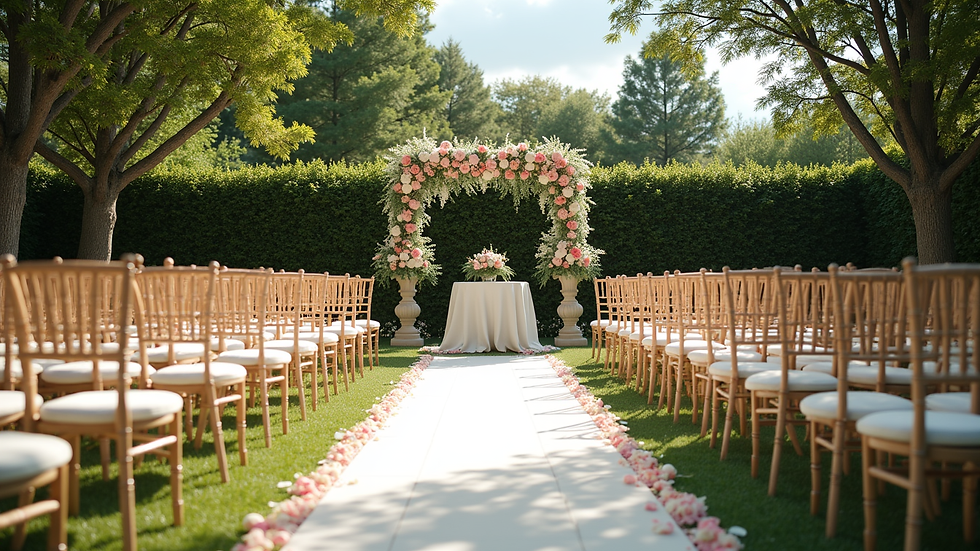 Wide angle view of a beautifully decorated outdoor wedding ceremony setup with chairs and floral arrangements