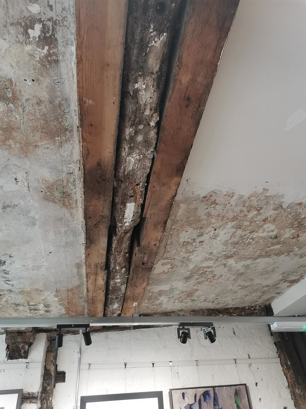 The beam across the ceiling of No 21 showing evidence of the partition. [Photo: John Steed, 2026]