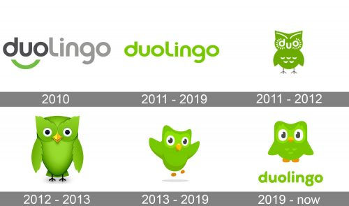 Brand refresh showing Duolingo's logo throughout the years.