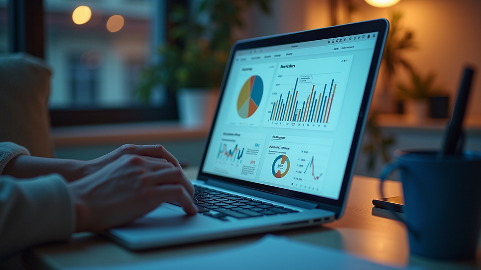 High angle view of a laptop with marketing analytics on screen
