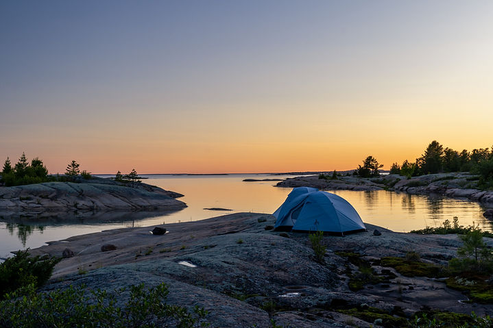 Killarney Provincial Park, Philip Edward Island, Ontario, Canada, Headwaters Wilderness Program, Island Campsite, Tents, Canadian Shield, Rocks, Rocky Outcrop, Lake, Trees, Sunset, Canoe Trip
