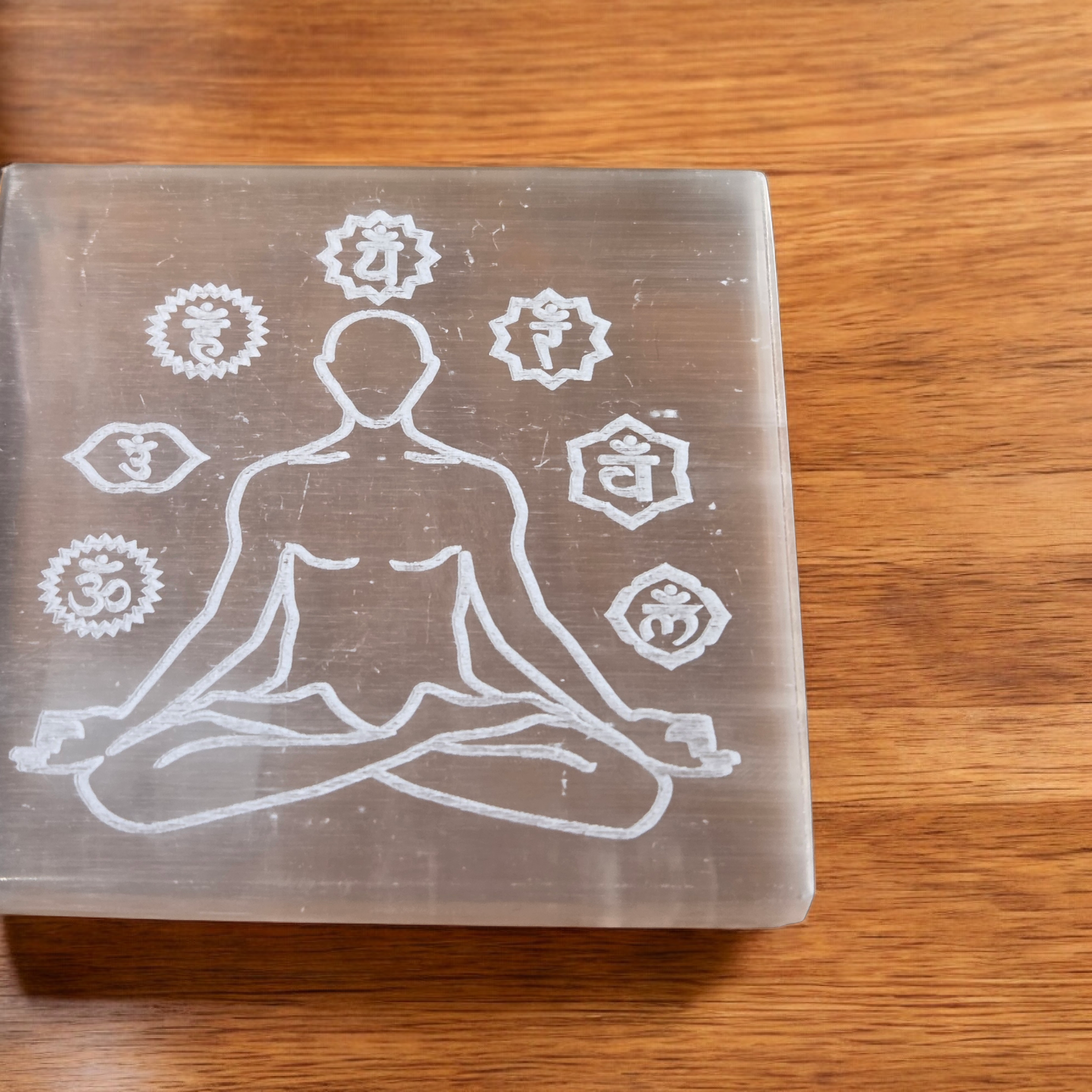Selenite Charging Plate – Yoga Pose Engraved (3 × 3 Inches)