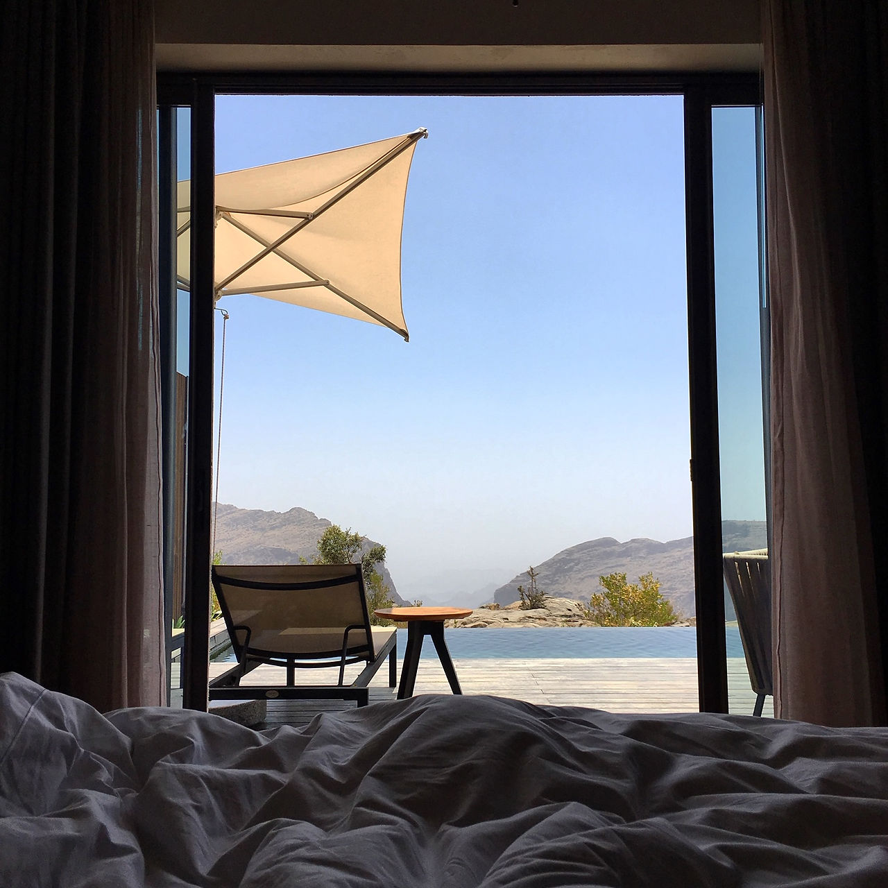 View from bed at Anantara Jabal Akhdar