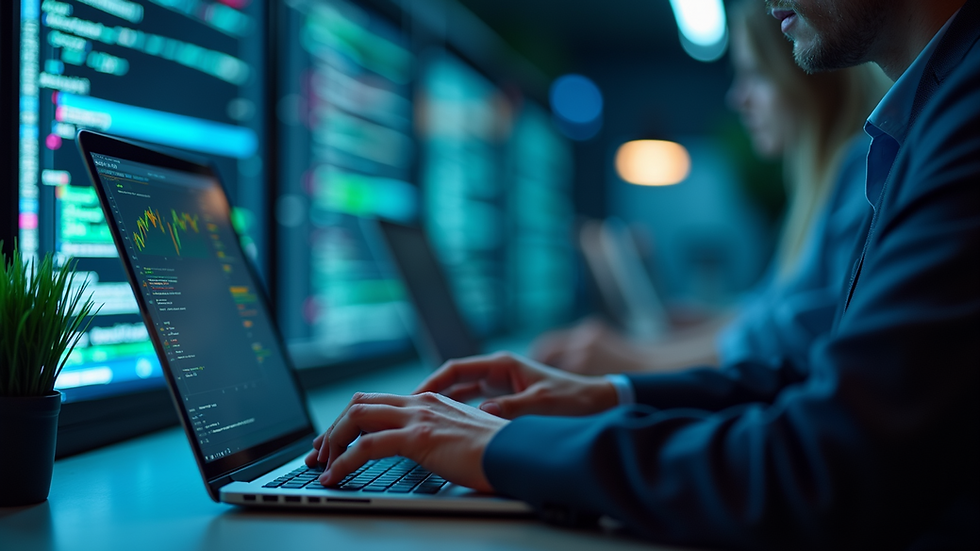 Close-up view of a cybersecurity consultant analyzing network data