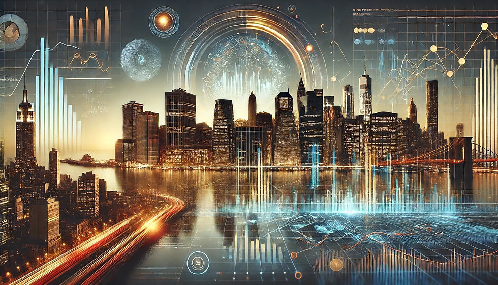 December 2024 Market Update: A modern financial-themed landscape image featuring the New York City skyline at sunset, with abstract glowing charts and financial data overlays. The design incorporates a sophisticated colour palette of blues, golds, and subtle reds, symbolising global markets and economic themes.