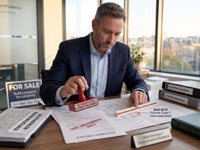 An architect in a Dublin office desk, intensely pointing to an unauthorized older dormer on a blueprint, refusing to certify it and hovering a red stamp with text: "RETROSPECTIVE EXEMPTION DENIED" over a sale agreement, causing a transaction stop.