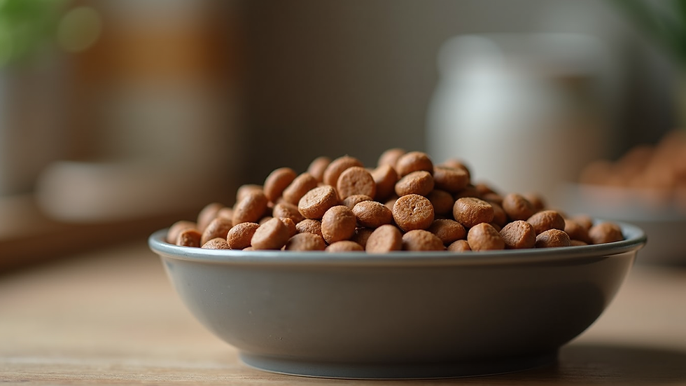 Close-up view of a bowl filled with natural dog food